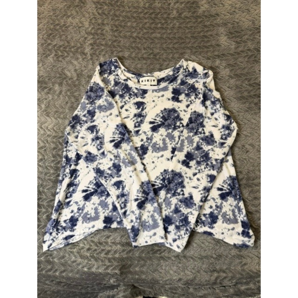 KIKIT Womens Blue White Tie Dye Cold Shoulder Sharkbite Hem Top Size M 0341